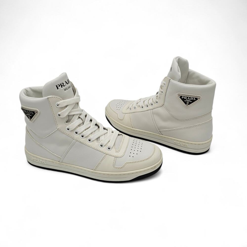 Prada High Top Sneaker White Leather Triangle Logo Downtown Lace Up Size 38 US 8